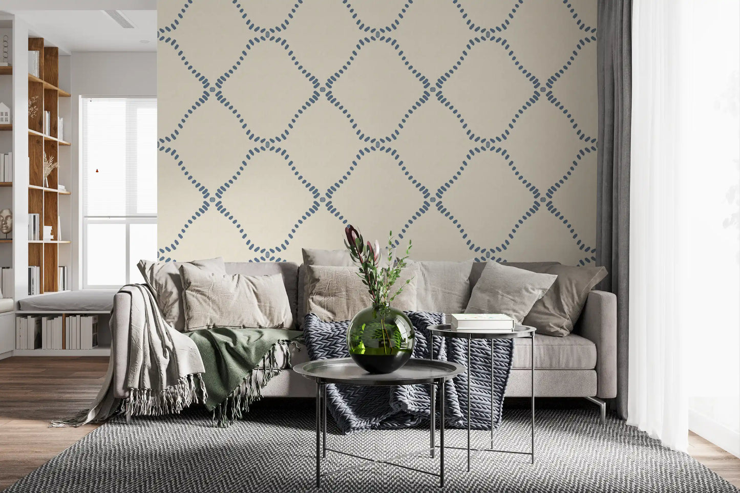 Dotted Lattice wallpaper shows slate-blue dabs forming open diamond shapes.