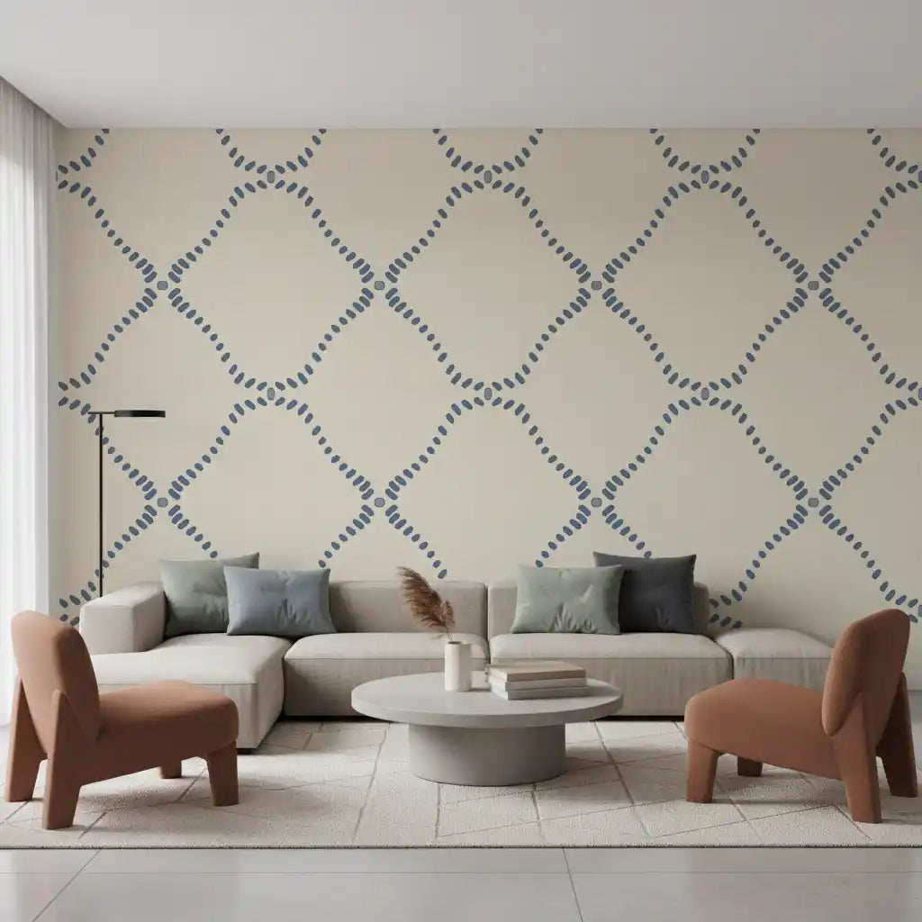 Hallway calm comes from cream linen and slate dots in this Dotted Lattice wallpaper.
