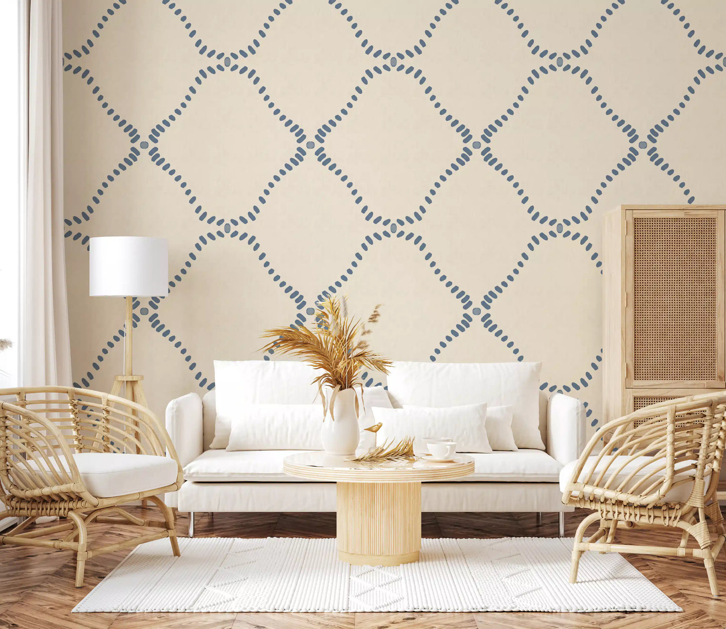 Linen-cream dots and slate diamonds dress an entryway in Dotted Lattice wallpaper.