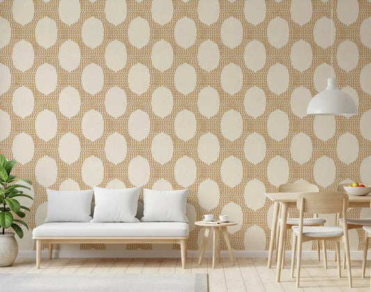 Golden mosaic wallpaper warms up a bright, open Dining room