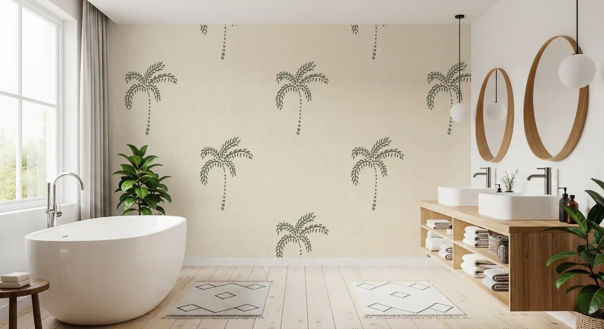 Feathered fronds and dotted trunks shape the palms in this oasis wallpaper