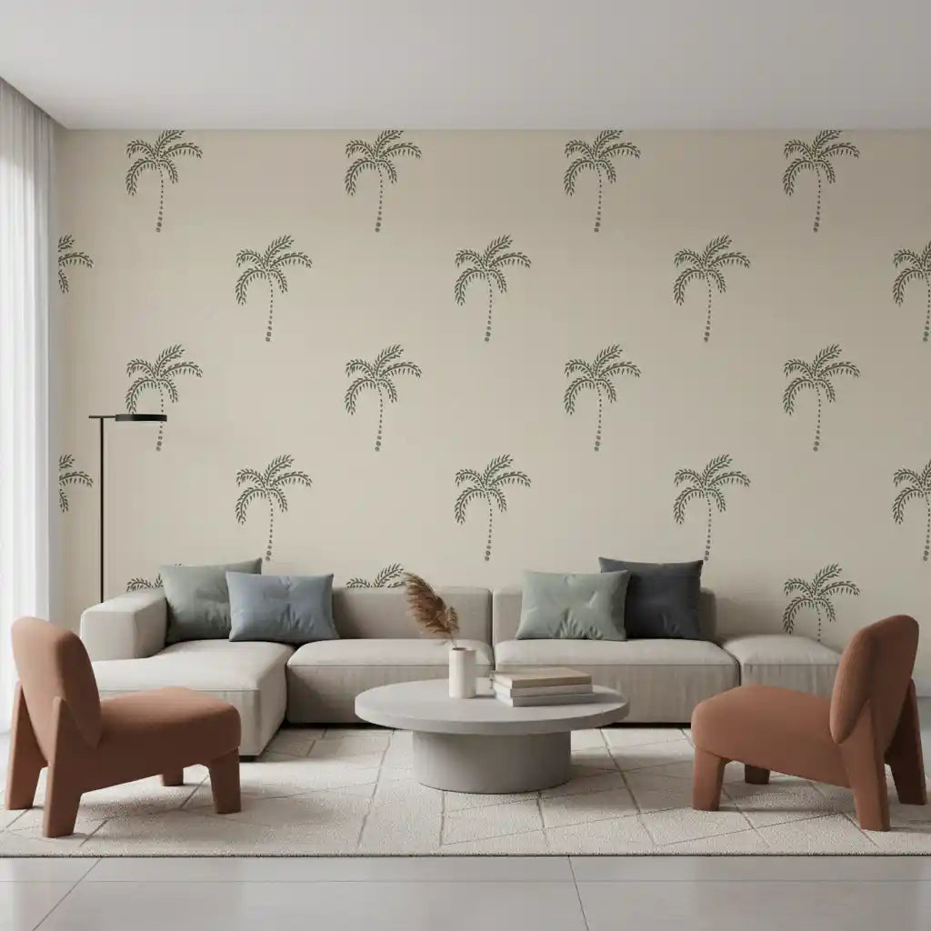 Hand-stamped green palms repeat at calm spacing on this boho wallpaper