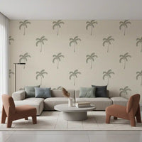 Hand-stamped green palms repeat at calm spacing on this boho wallpaper