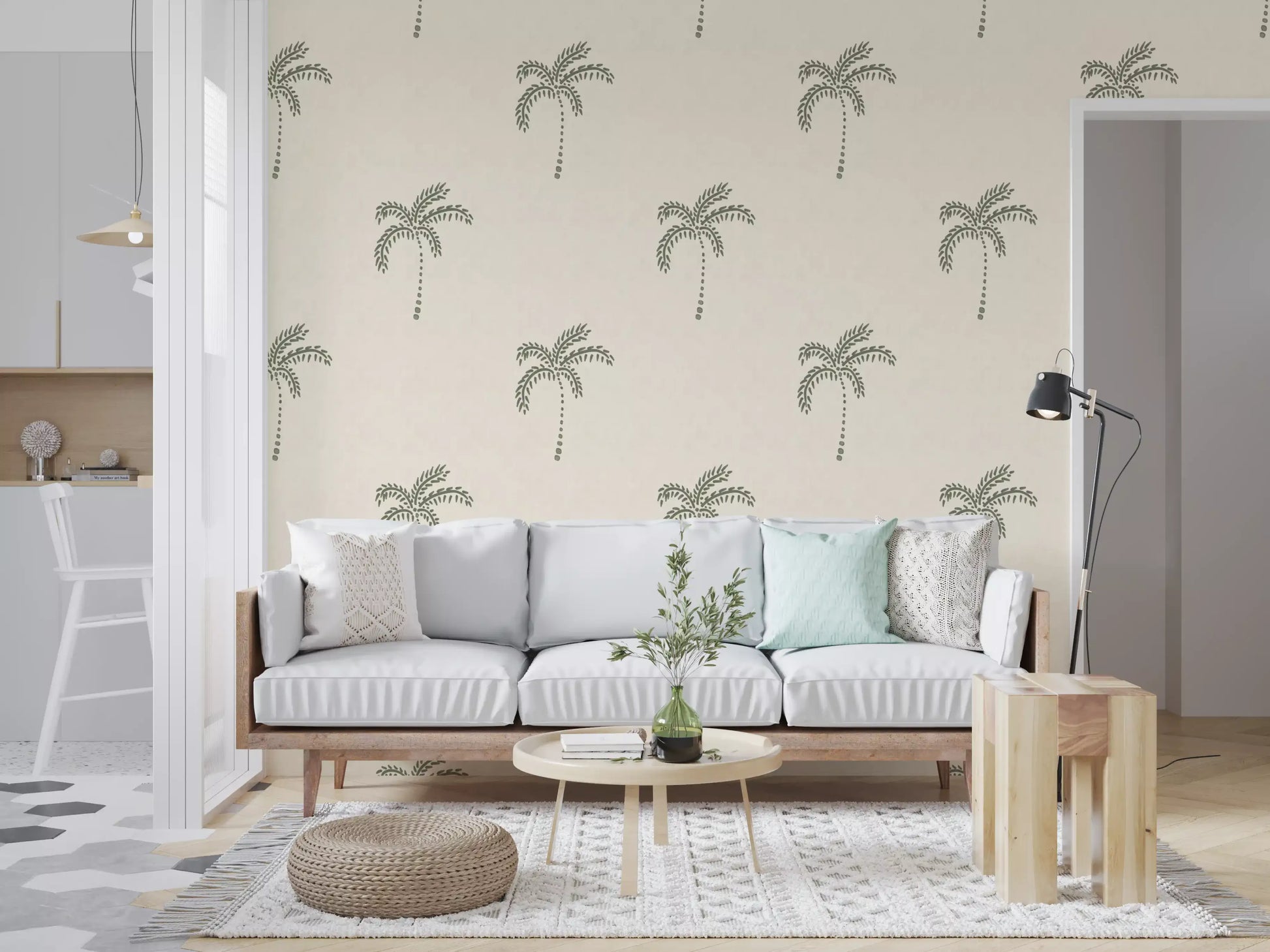 Scattered green palms warm up the living room with this boho wallpaper