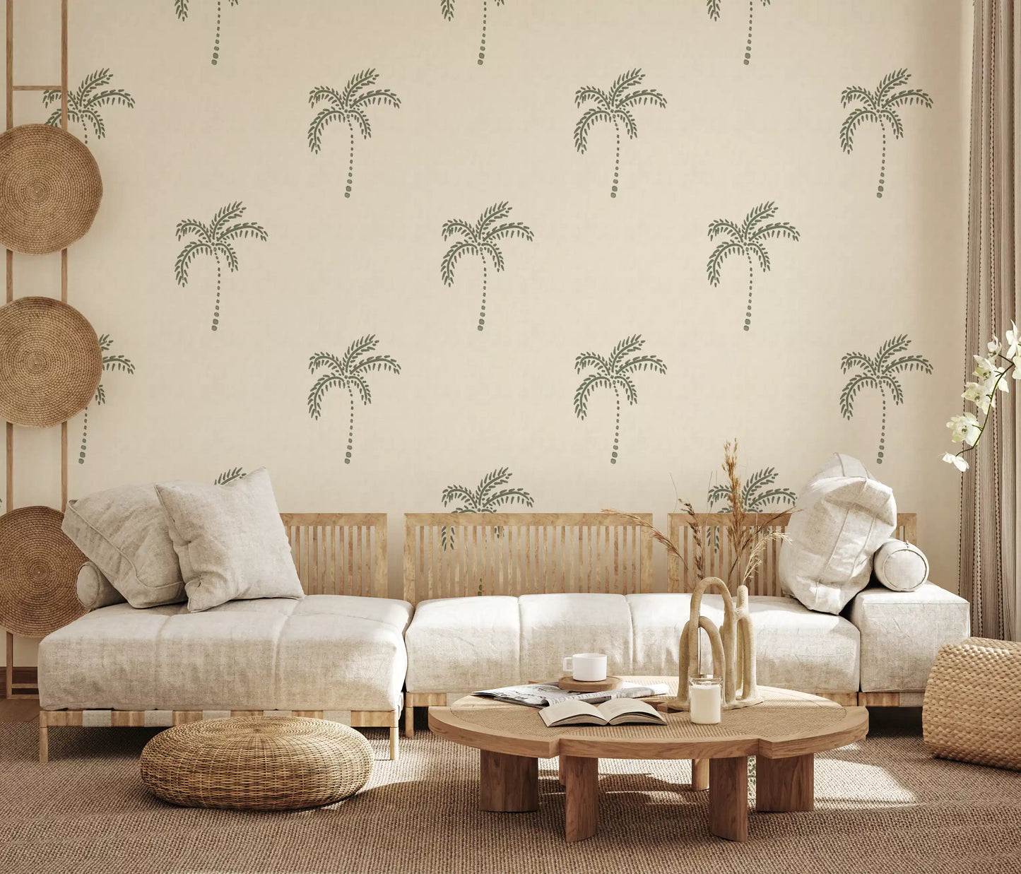 An easy island feel relaxes the lounge through this palm oasis wallpaper