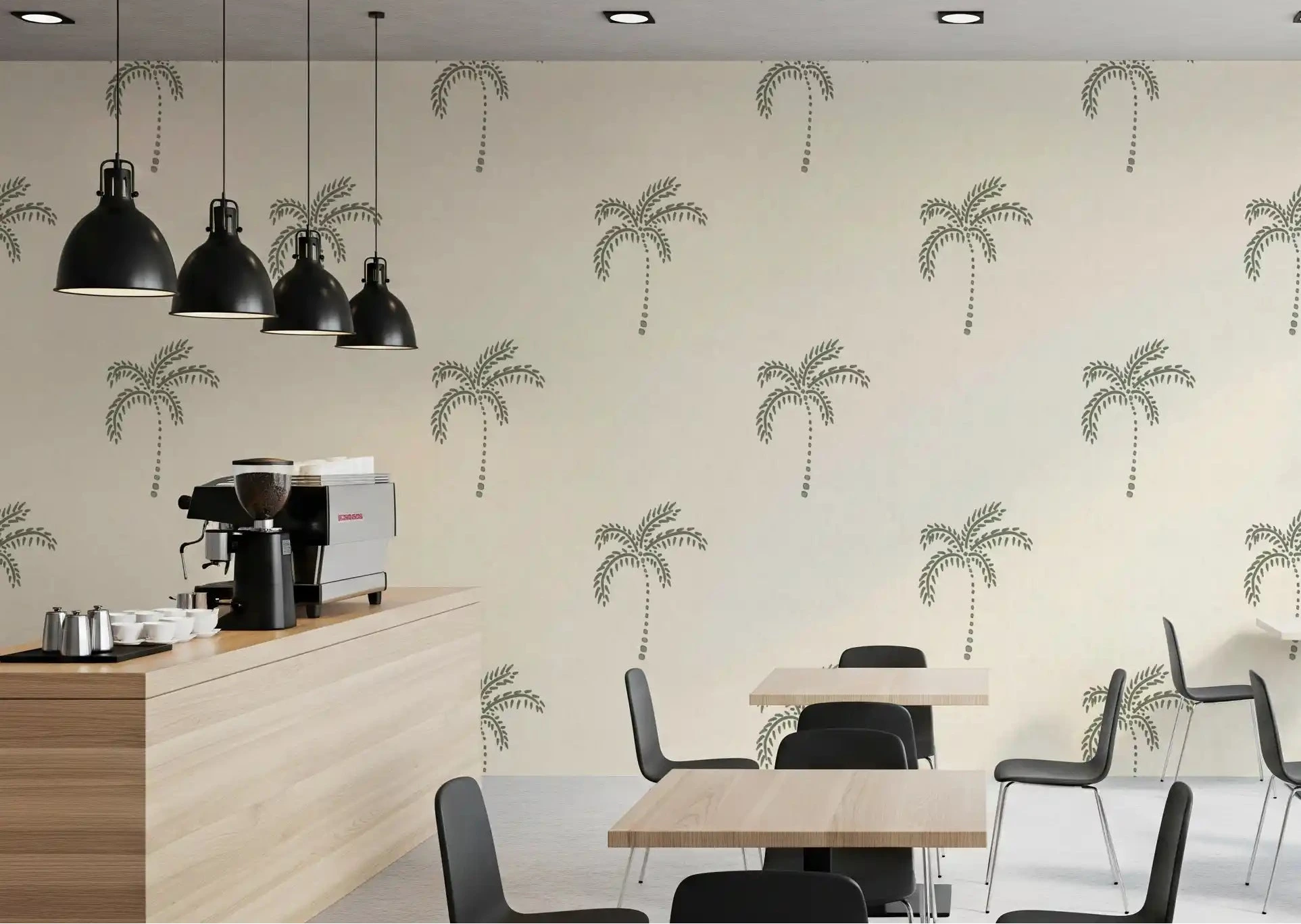Sage palm wallpaper keeps a bright Cafe dining space calm and airy