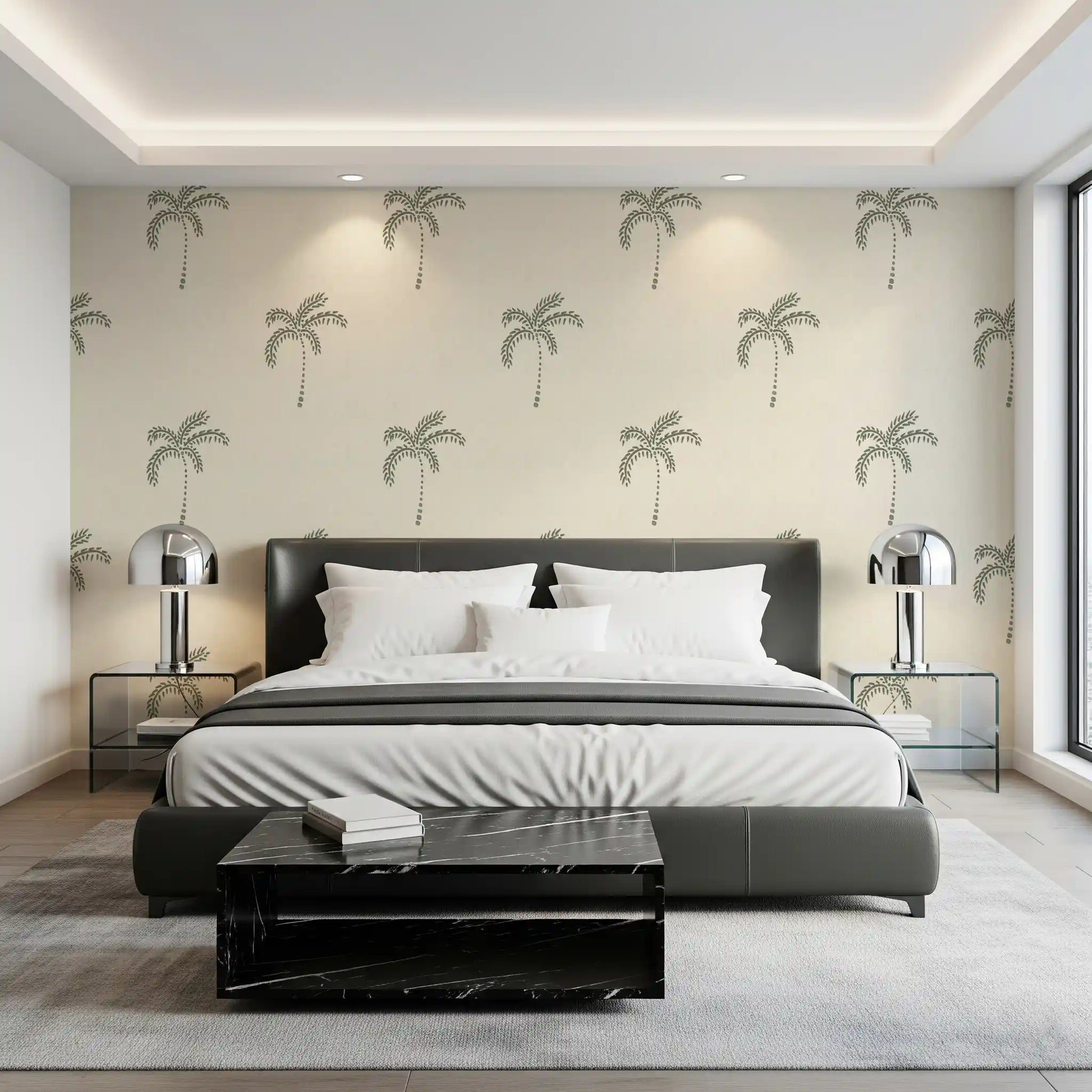 Beachy boho palm oasis wallpaper with sage trees on cream linen