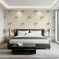 Beachy boho palm oasis wallpaper with sage trees on cream linen