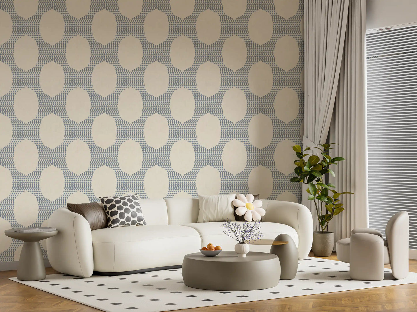 An easy coastal mood relaxes the lounge in this slate blue wallpaper