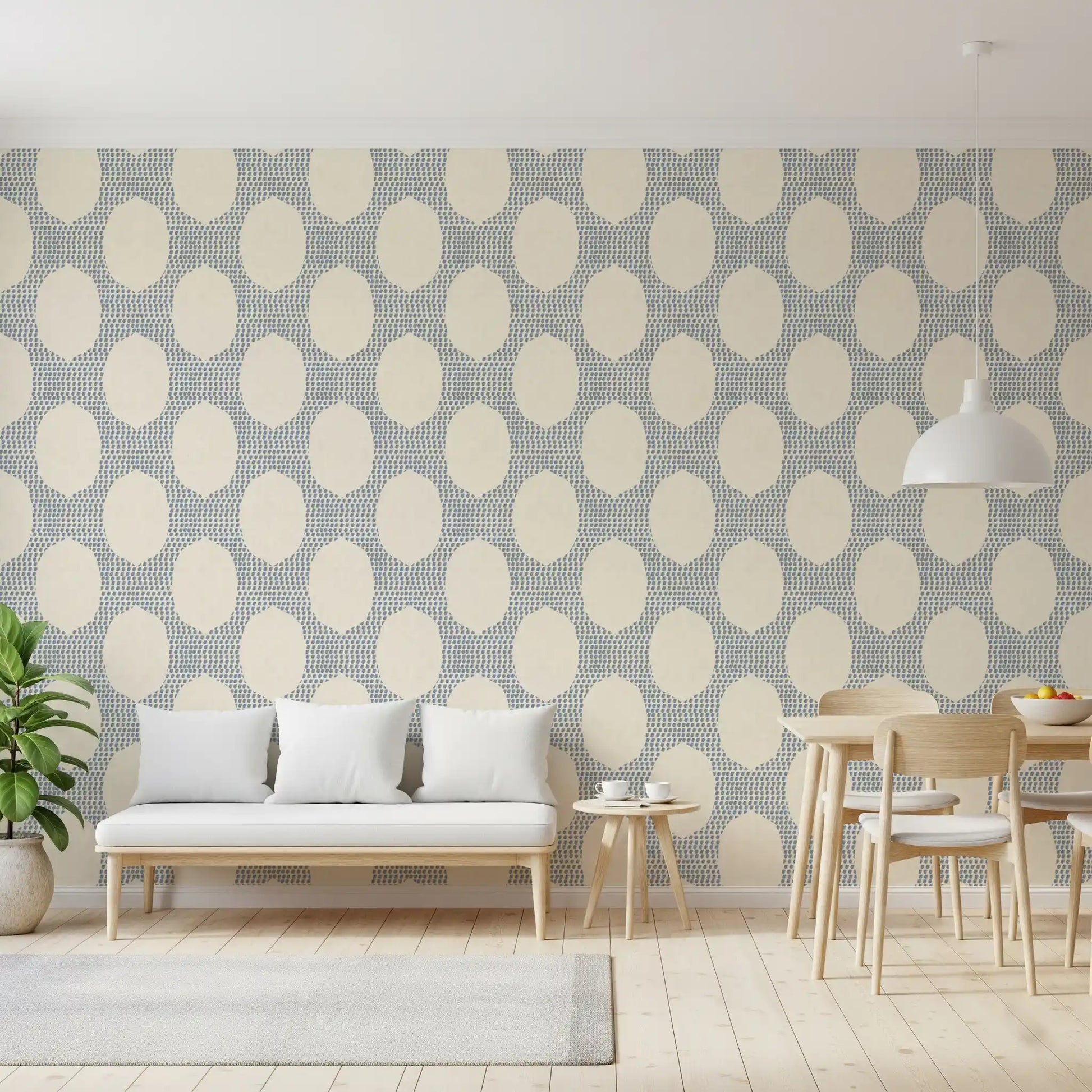 Dusty blue ovals warm up the Dining room with this boho wallpaper
