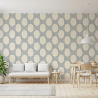 Dusty blue ovals warm up the Dining room with this boho wallpaper