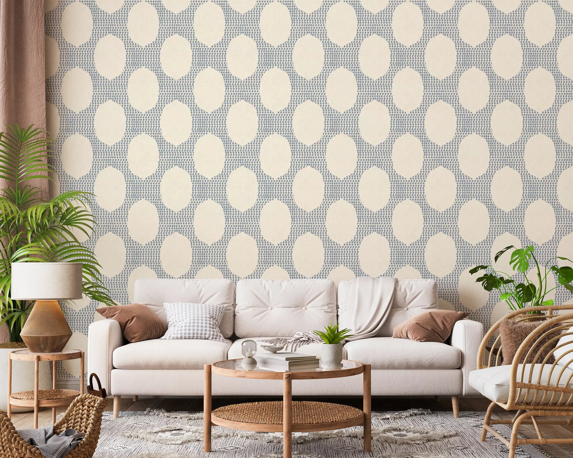 A muted blue repeat keeps a Living room balanced in beachy boho wallpaper