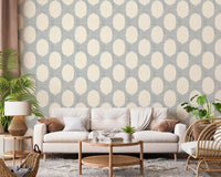 A muted blue repeat keeps a Living room balanced in beachy boho wallpaper