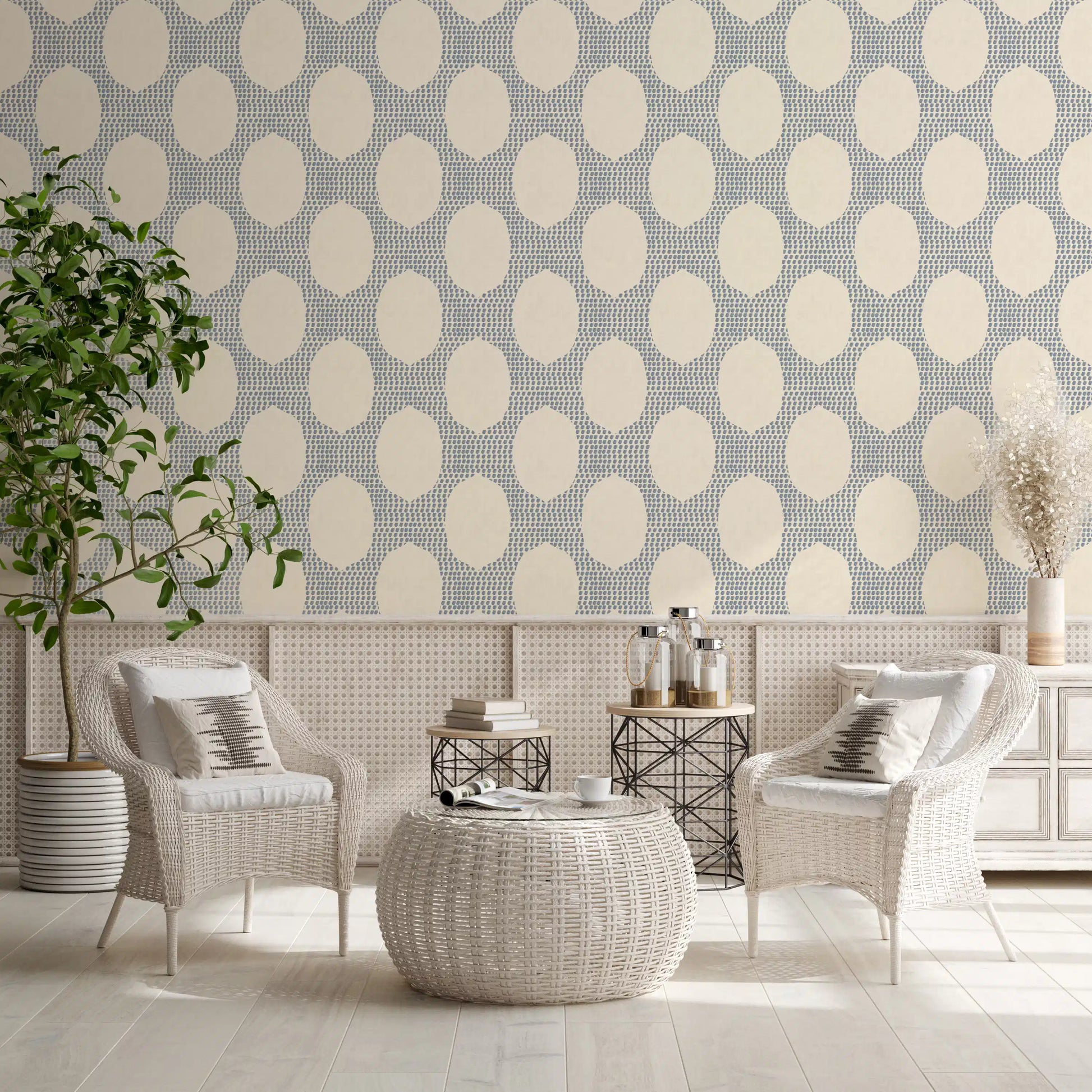 Stippled slate shading frames the oval shapes on this boho wallpaper