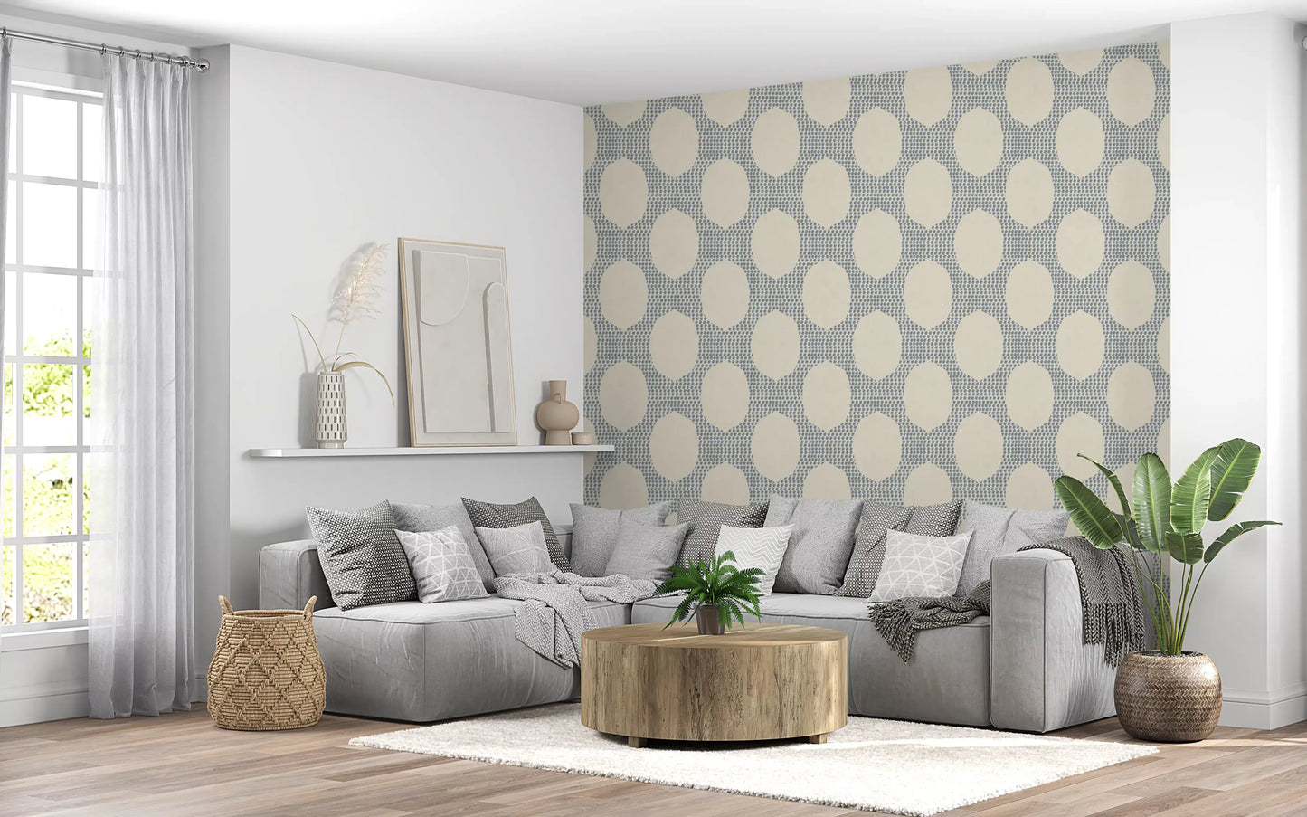 Cream and slate blue mosaic calms a Living room with this wallpaper