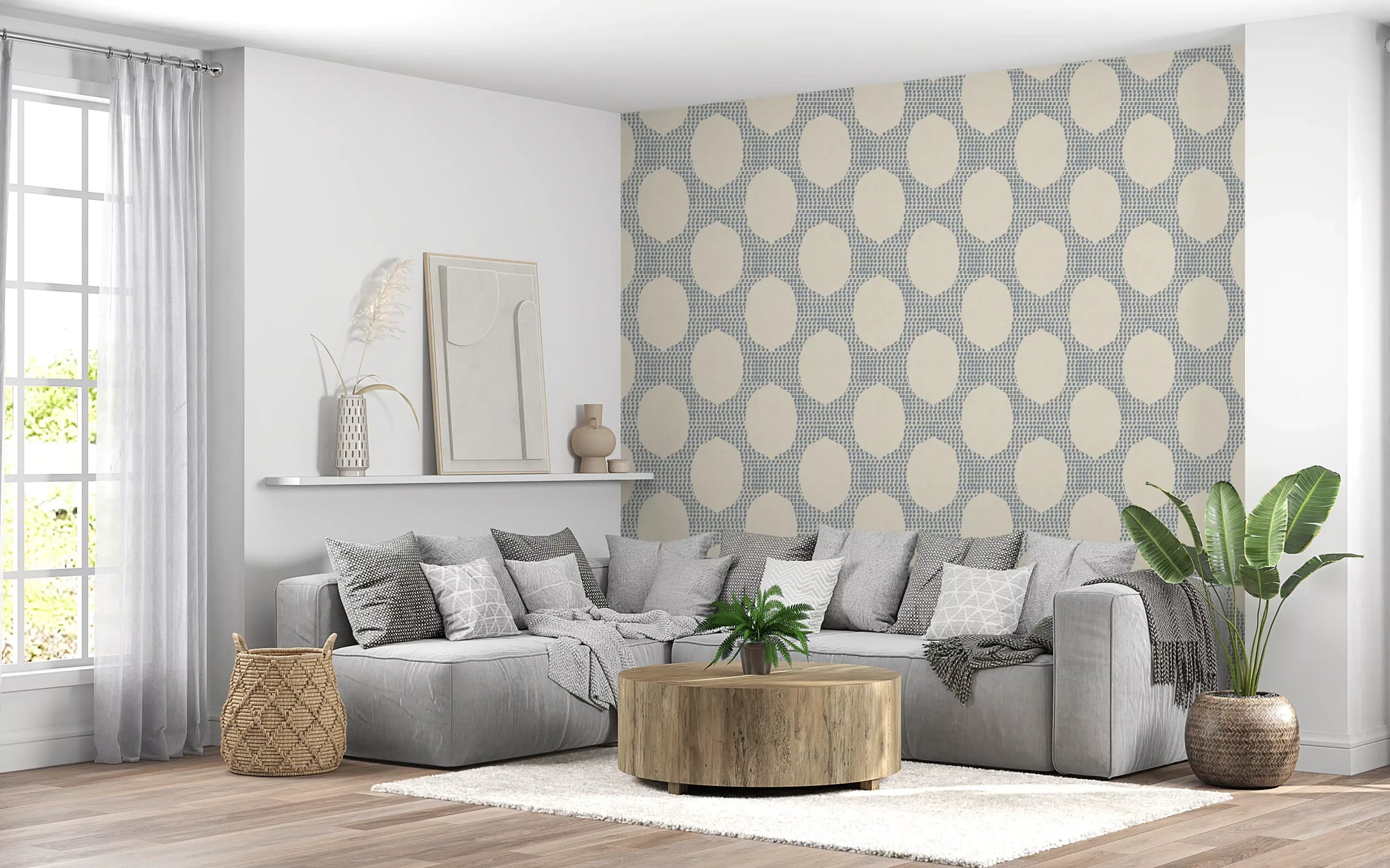 Cream and slate blue mosaic calms a Living room with this wallpaper