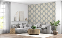 Cream and slate blue mosaic calms a Living room with this wallpaper