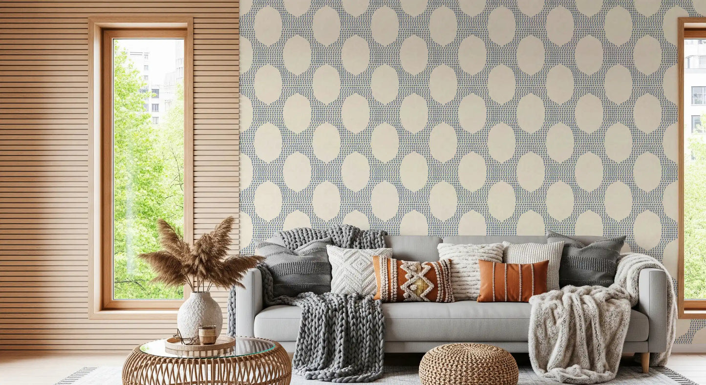 Beachy boho slate blue mosaic wallpaper with ovals on cream linen