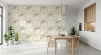 A warm linen ground frames the Green Medallion wallpaper motifs.