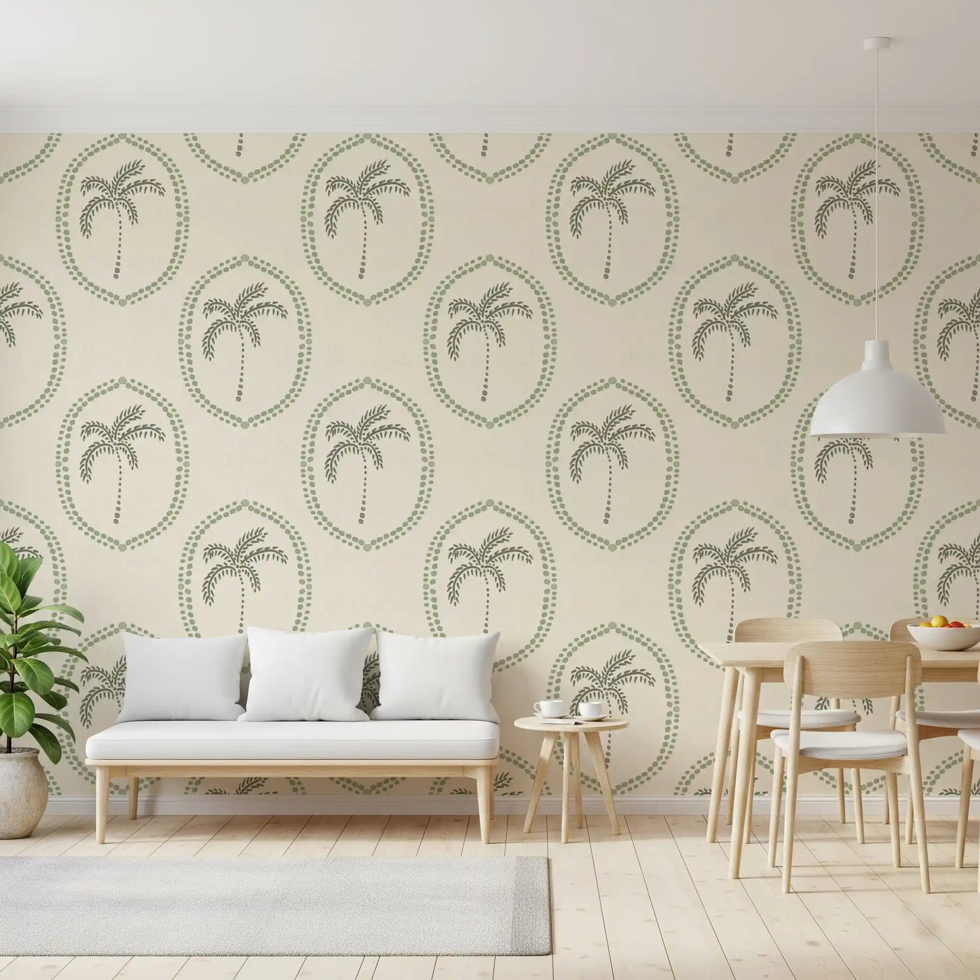 Quiet island warmth reaches a Dining room via this Palm Oasis wallpaper