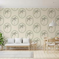 Quiet island warmth reaches a Dining room via this Palm Oasis wallpaper