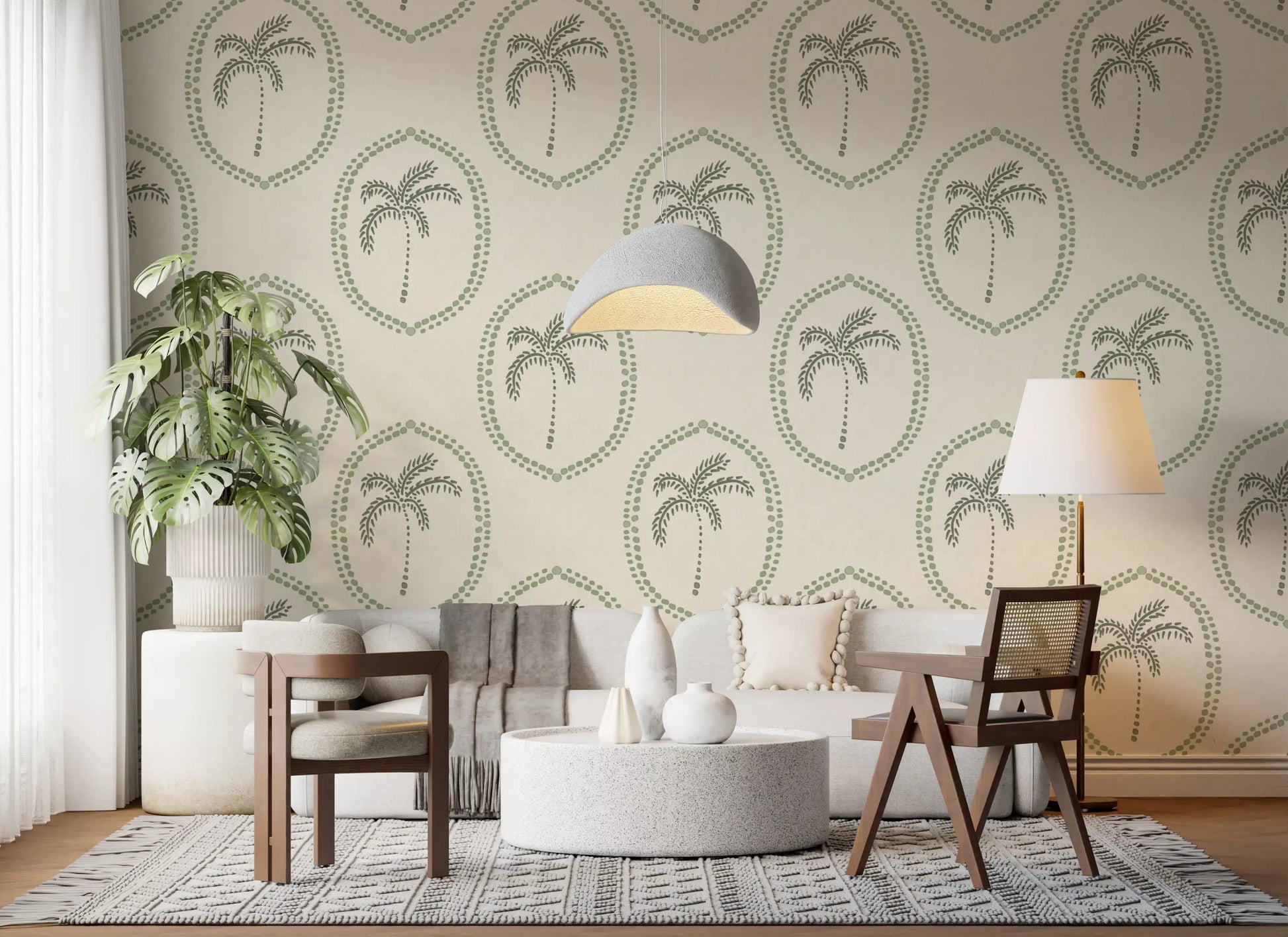 Quiet island warmth reaches a bedroom via this Palm Oasis wallpaper.