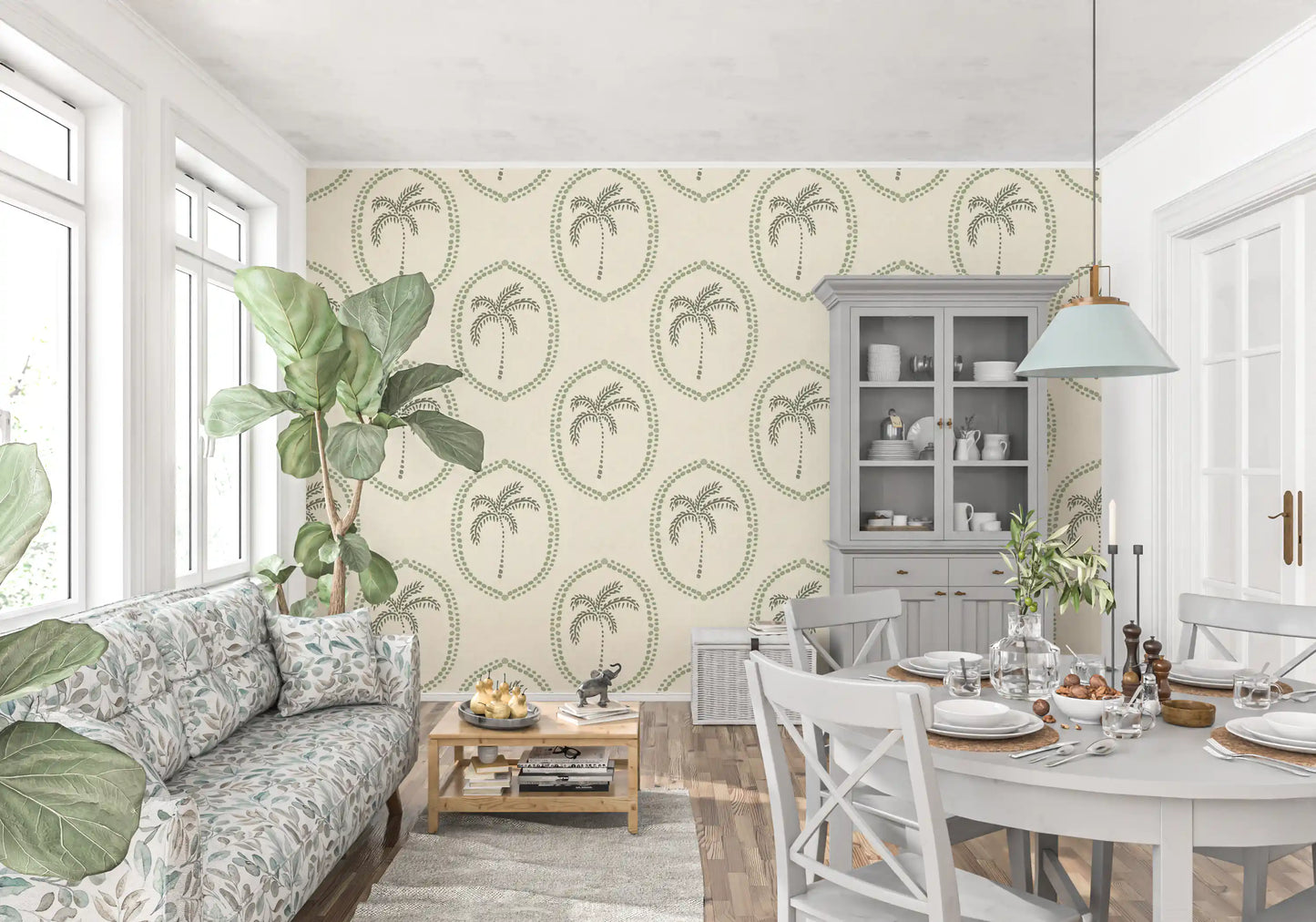 Add gentle boho rhythm to a Dining room with this Green Medallion wallpaper.