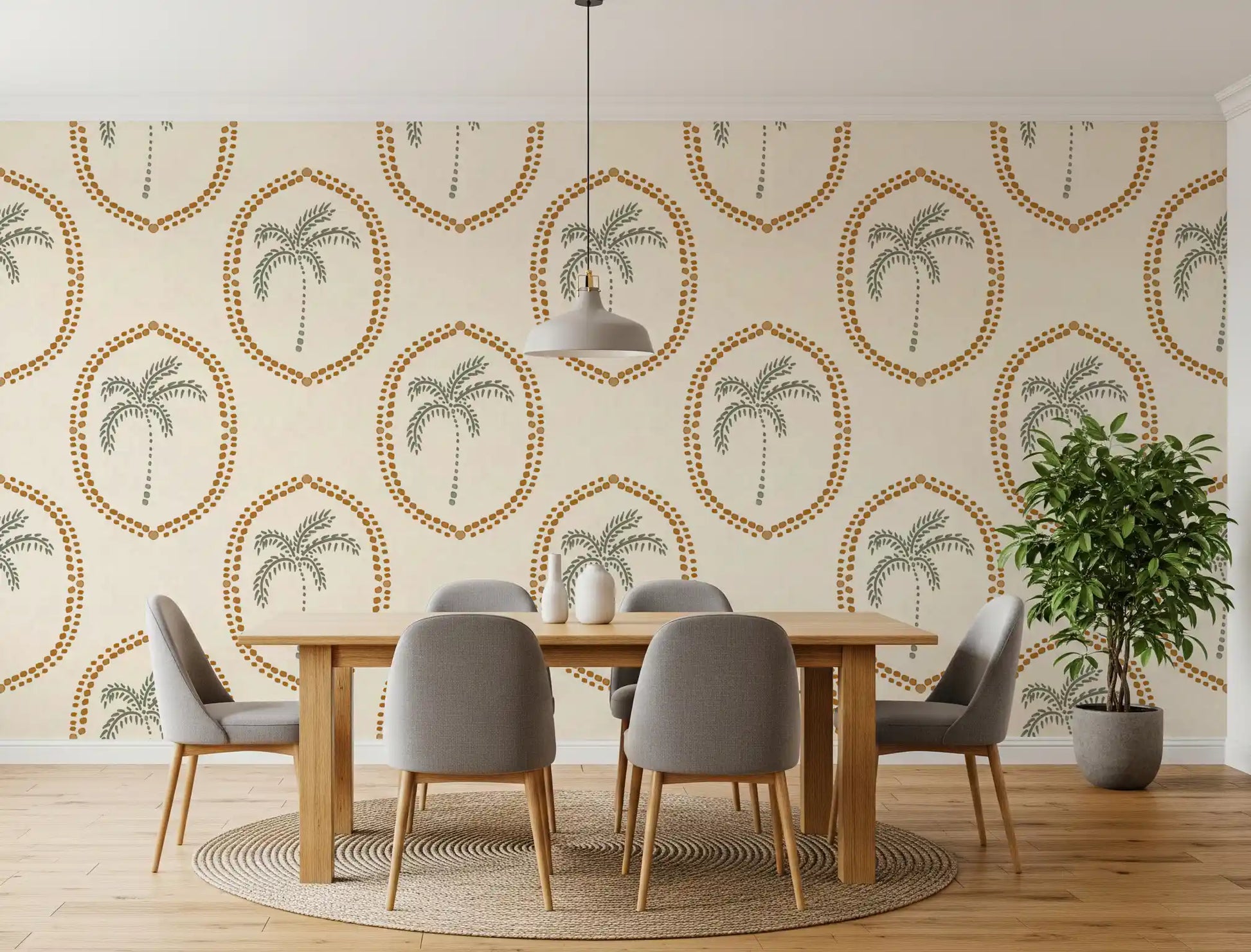 A calm ogee rhythm links the medallions across this palm oasis wallpaper