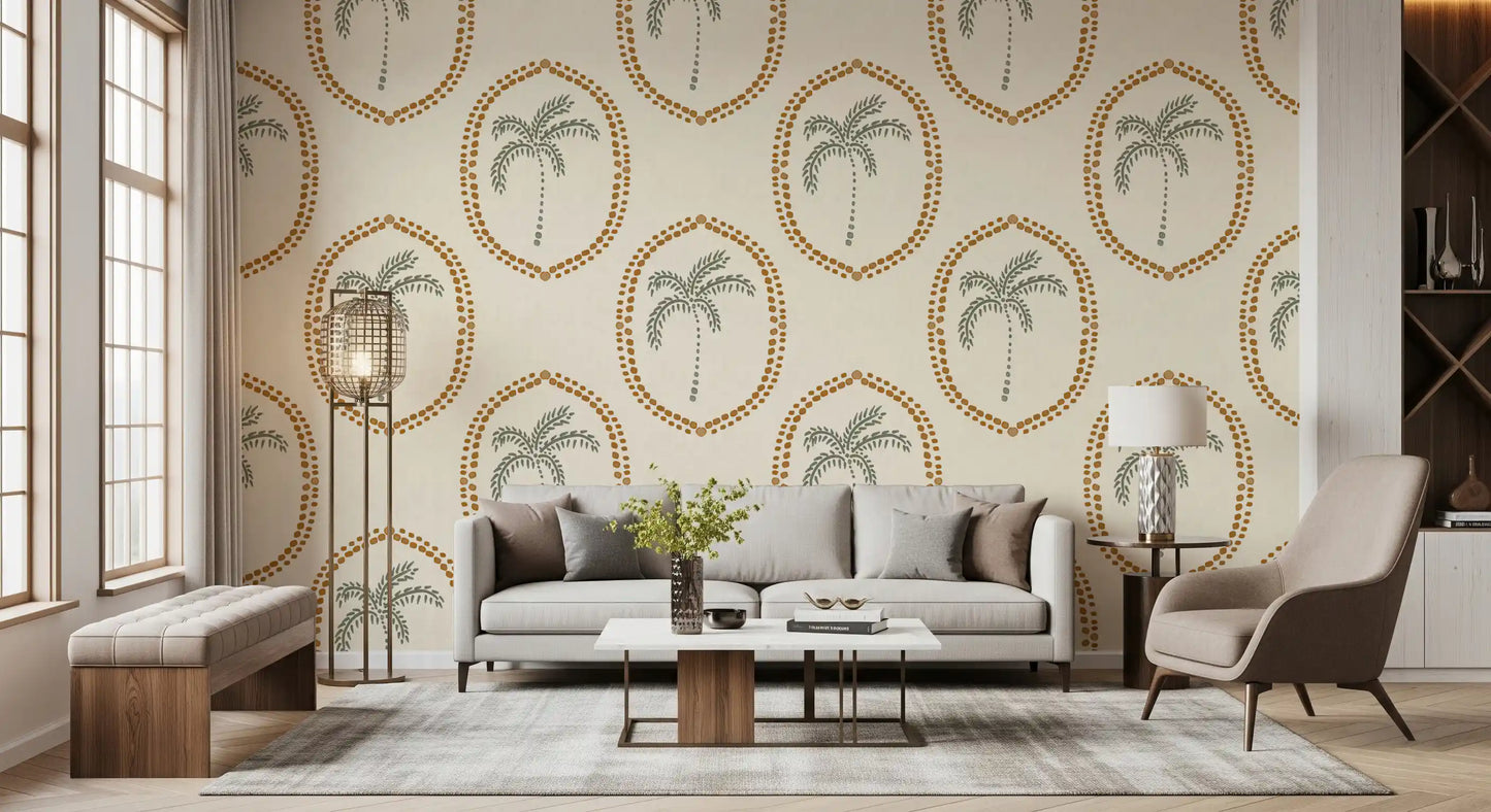 A framed palm repeat steadies a Living room in this beachy boho wallpaper