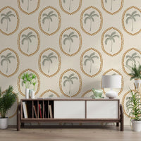 Sage palms sit inside golden bead ovals in this medallion wallpaper