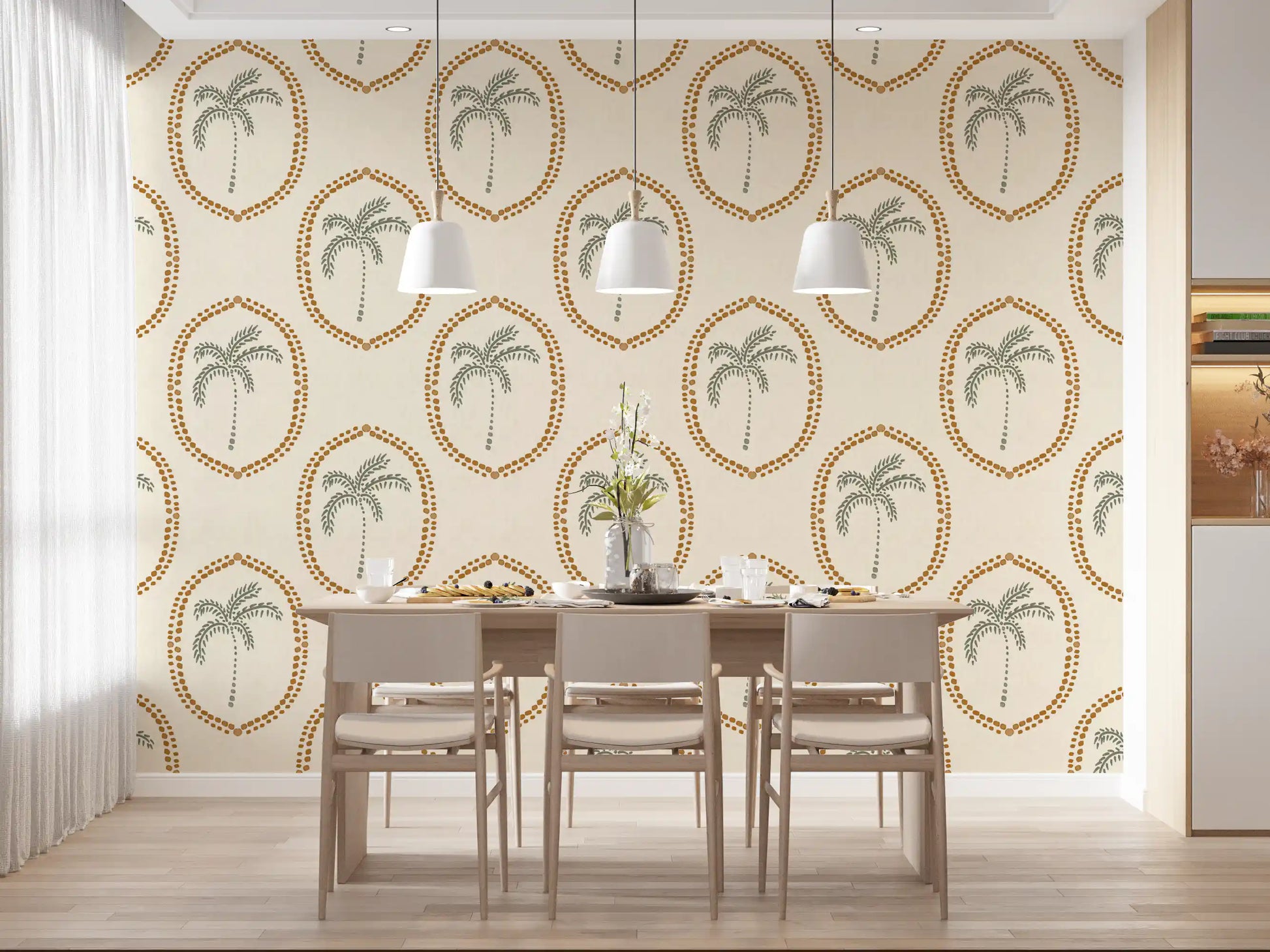 Cream and gold palms keep a Dining room calm with this boho wallpape