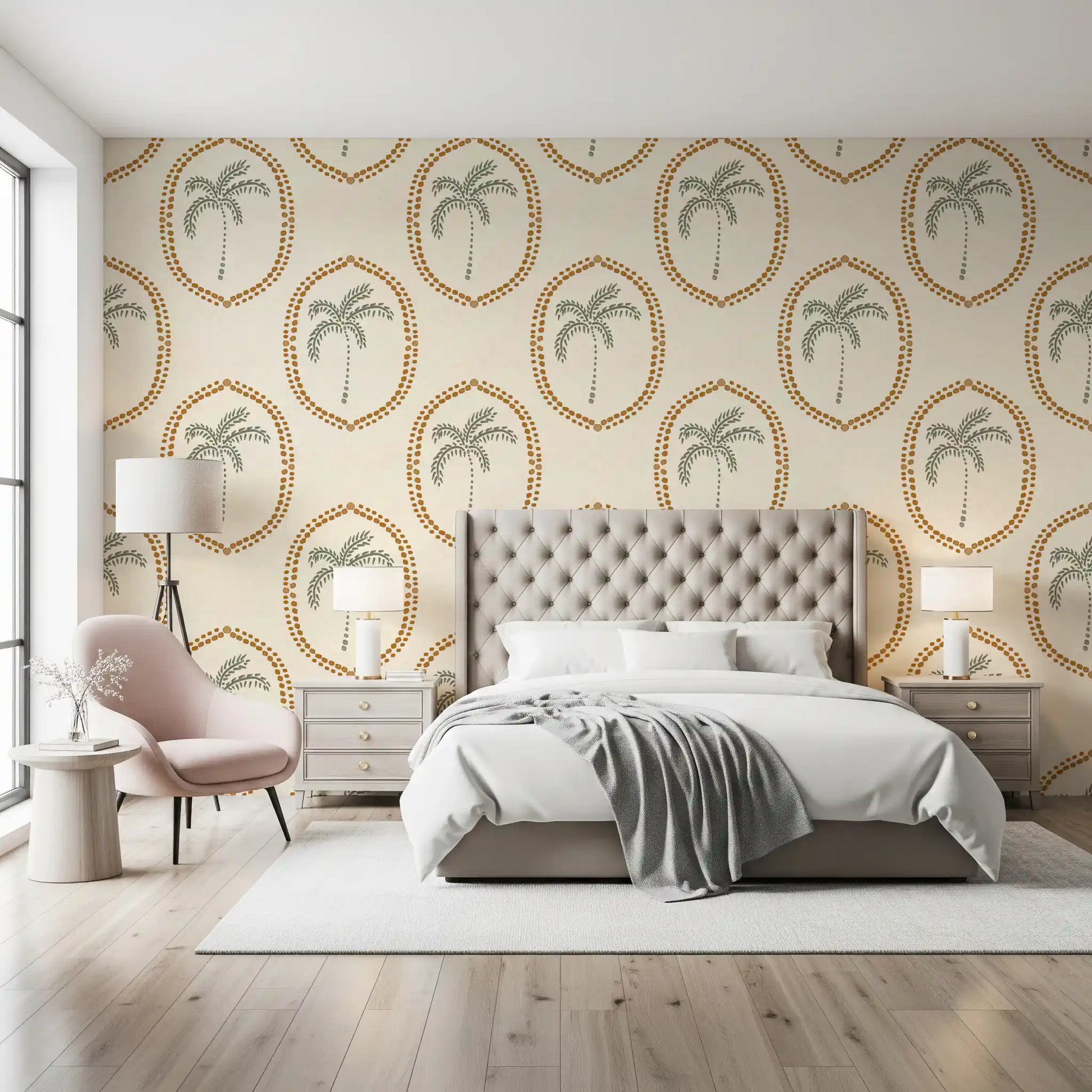 Ochre dotted frames lift a Bedroom with this palm oasis wallpaper