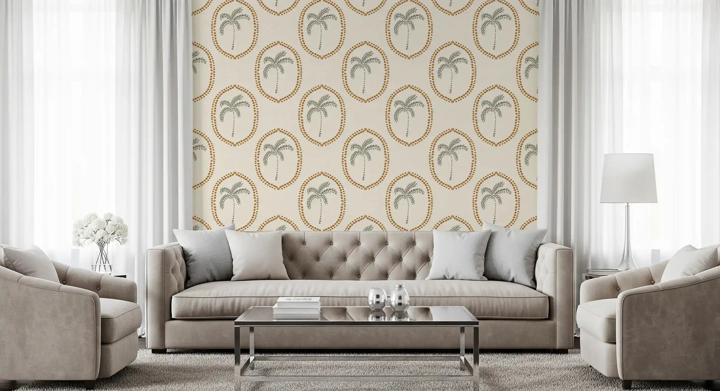 An easy oasis rhythm relaxes the lounge in this medallion wallpaper
