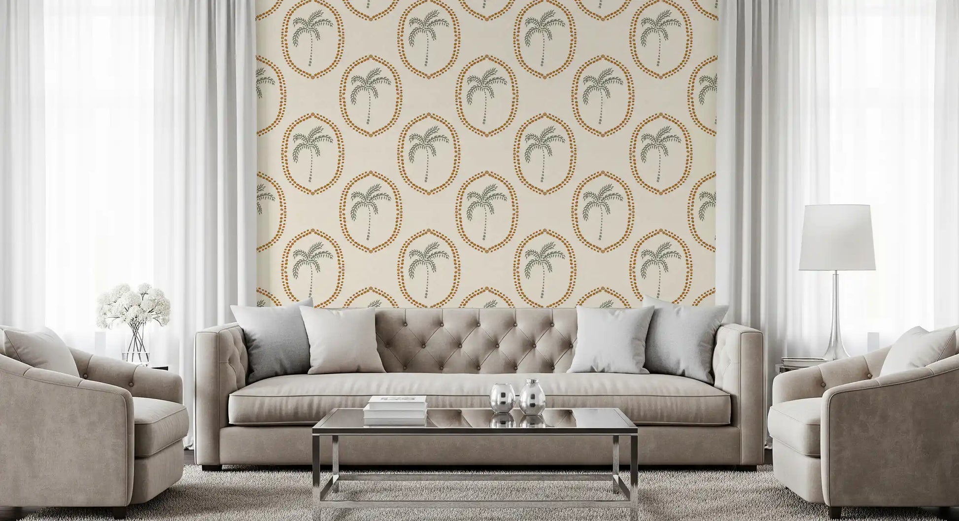An easy oasis rhythm relaxes the lounge in this medallion wallpaper
