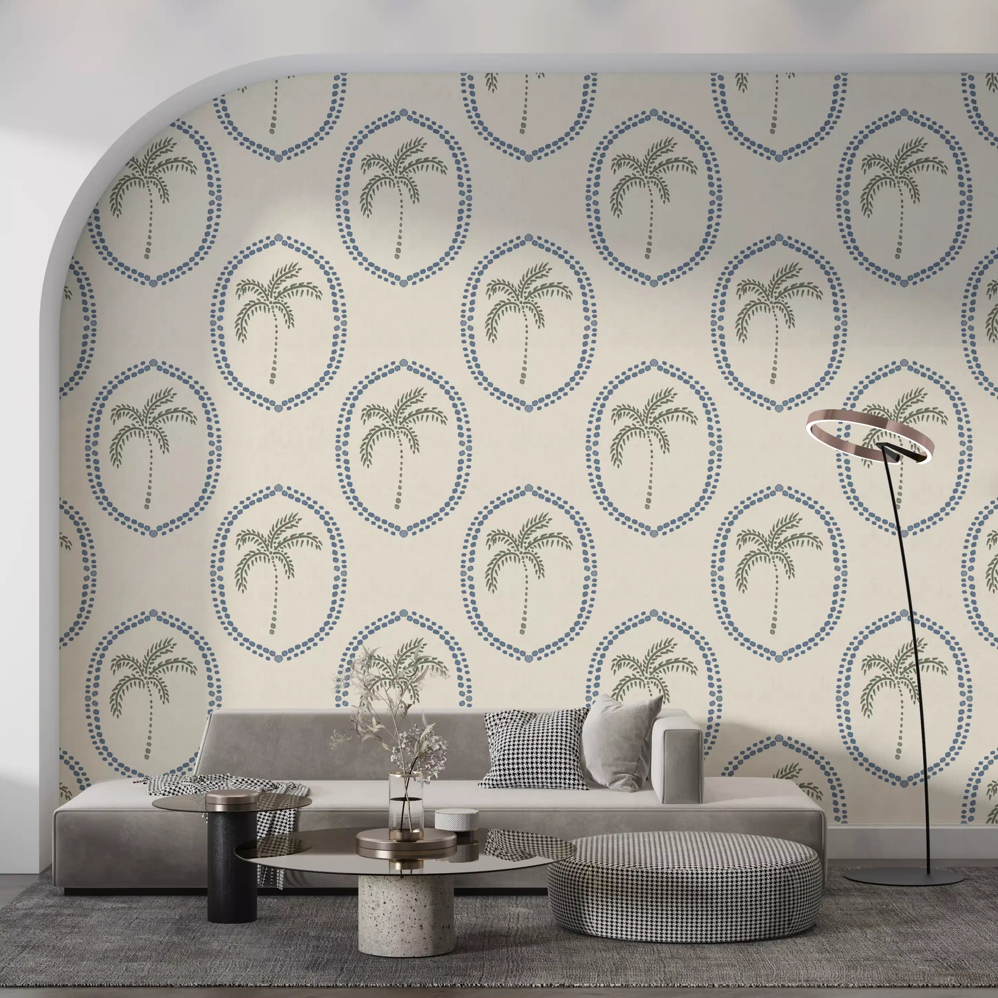 Each medallion holds one slender palm in this Palm Oasis wallpaper.