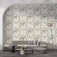 Each medallion holds one slender palm in this Palm Oasis wallpaper.