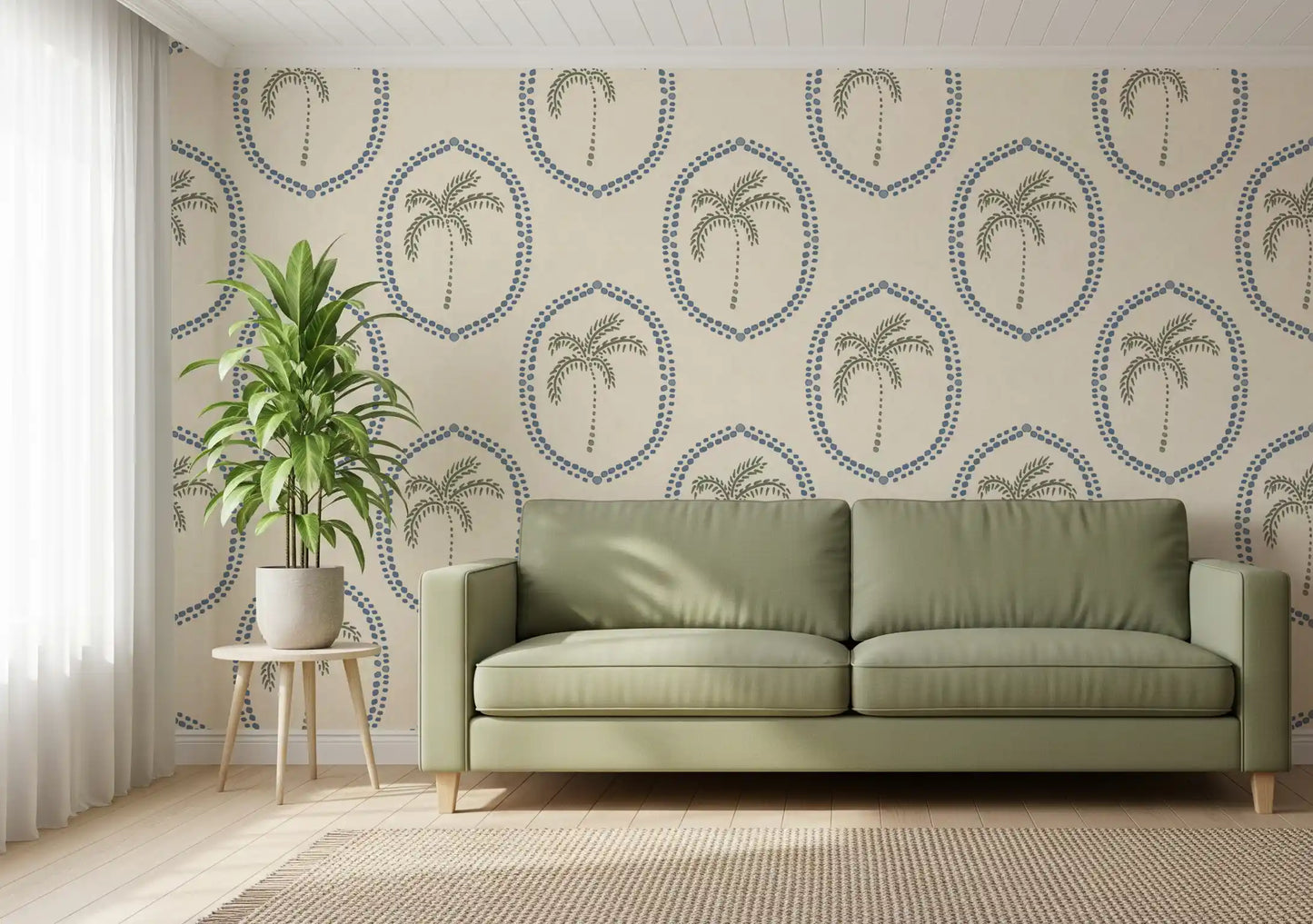 Lounge gains breezy coastal calm from this Slate Blue Medallion wallpaper.