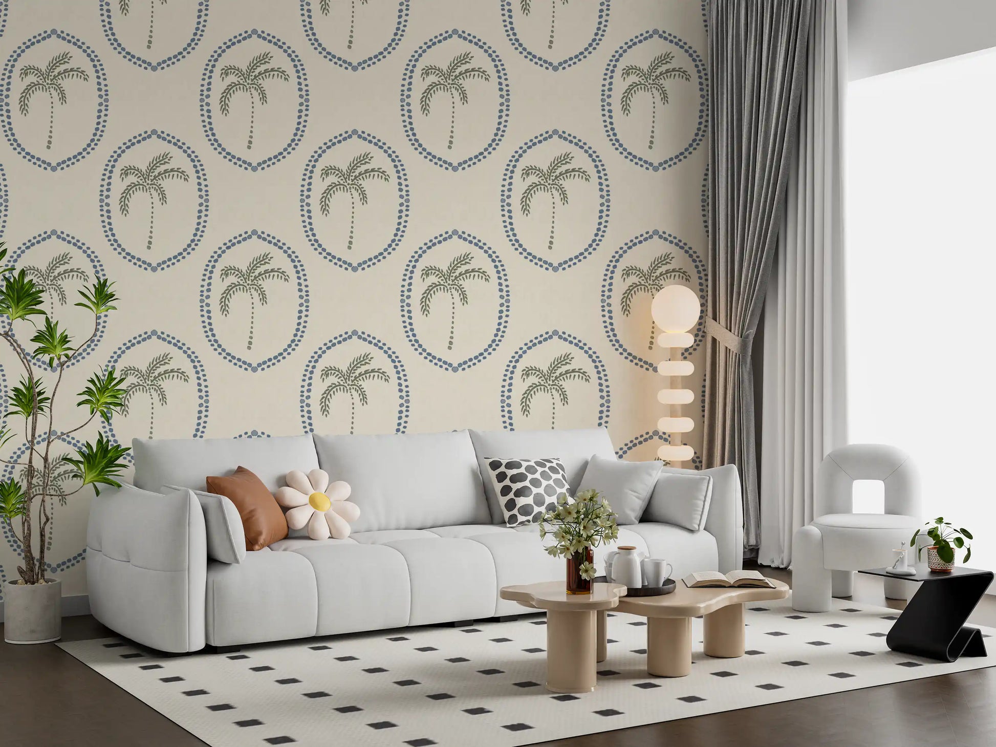 Palm Oasis Medallion wallpaper pairs blue beadwork with olive palms.