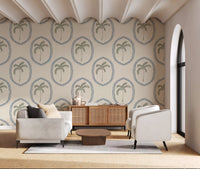 Olive palms and blue beadwork dress a hallway in Palm Oasis wallpaper.