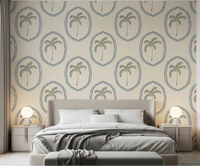 Slate-blue medallions and olive palms calm a bedroom in this Boho wallpaper.