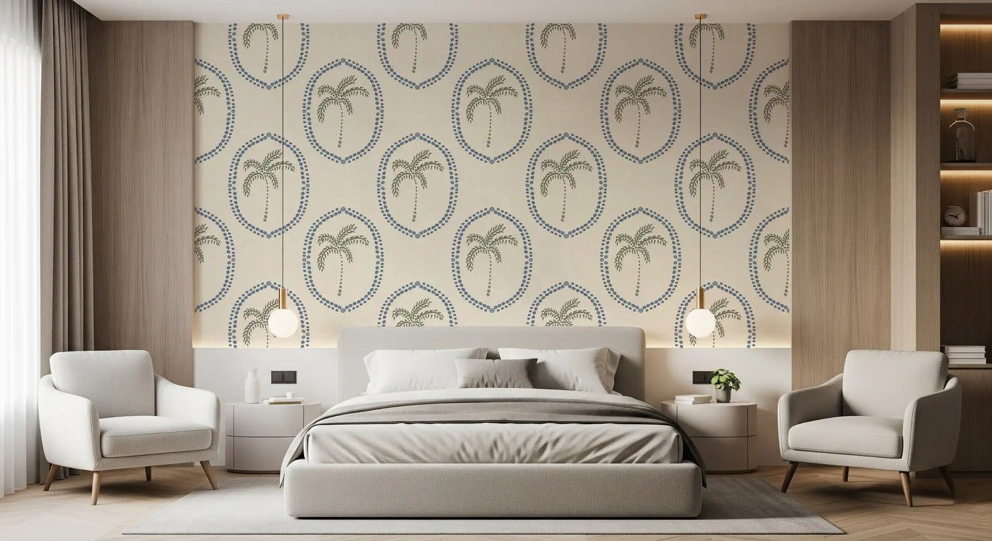 Palm Oasis Medallion wallpaper pairs blue beadwork with olive palms.