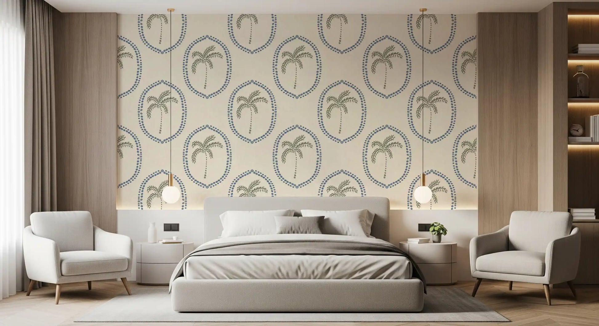 Palm Oasis Medallion wallpaper pairs blue beadwork with olive palms.