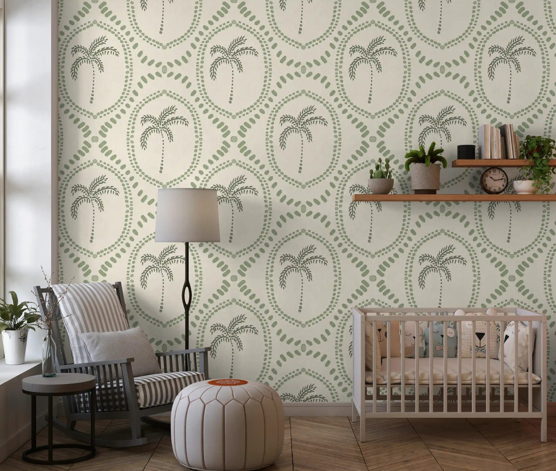 Cream and sage dots freshen a Nursery area with this beachy wallpaper