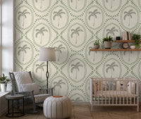 Cream and sage dots freshen a Nursery area with this beachy wallpaper