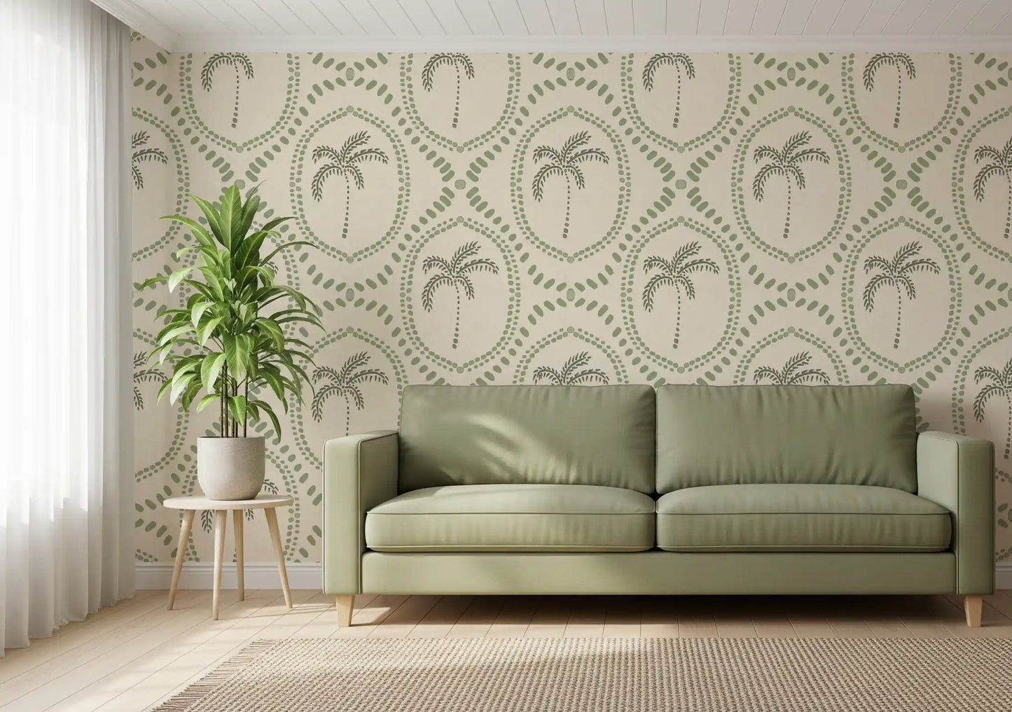 One calm shade of green shapes the framed palms in this boho wallpaper
