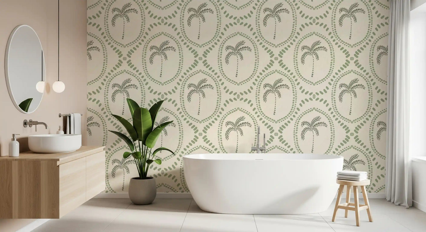 Sage palms nestle inside dotted green medallions in this wallpaper