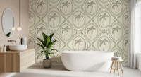 Sage palms nestle inside dotted green medallions in this wallpaper