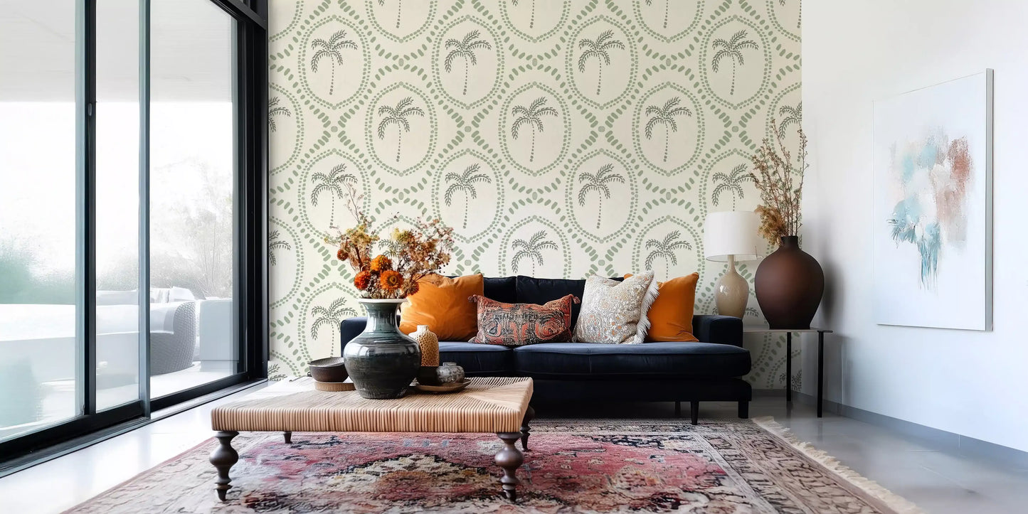 Tonal sage medallions quiet a Living room with this boho wallpaper