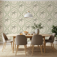 An almost monochrome palm repeat eases the Dining room in this wallpaper