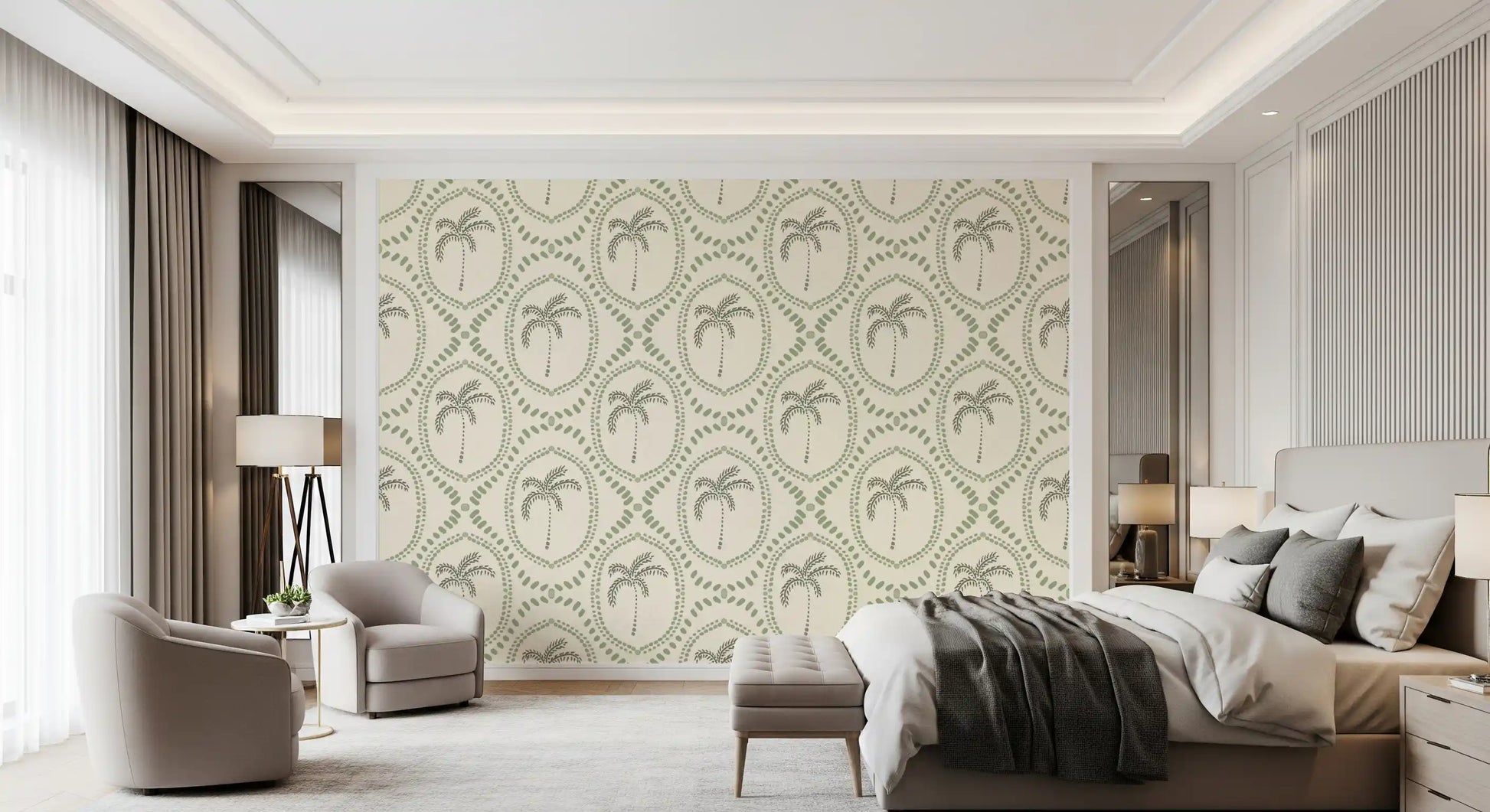 Tonal, almost monochrome motifs give this palm wallpaper a quiet look